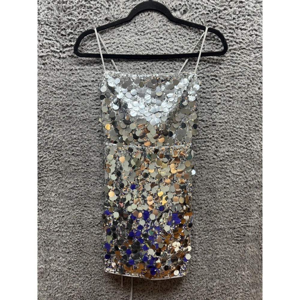 Lulus Passionate Sparkle Silver Sequin Lace-Up Mini Bodycon Dress‎ Womens Size M
